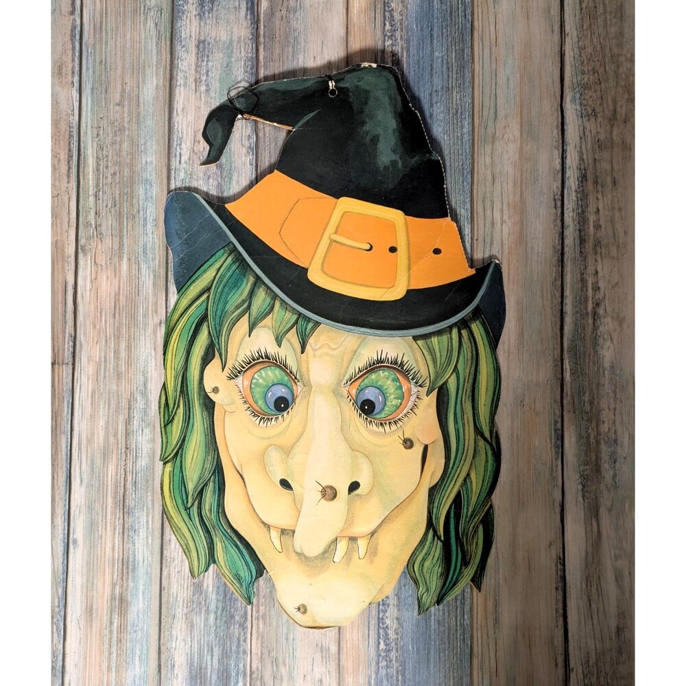 Vintage Eureka Witch Halloween Die Cut 9x13" Green Hair Black Hat Wall Decor